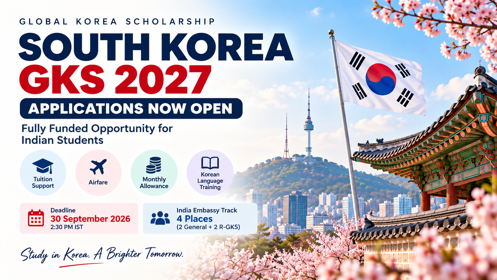 A clean promotional banner for the South Korea GKS 2027 Global Korea Scholarship, highlighting that applications are now open for Indian students. The design features the South Korean flag, Seoul skyline, traditional Korean architecture, cherry blossoms, and key scholarship benefits including tuition support, airfare, monthly allowance, and Korean language training. It also highlights the 30 September 2026 deadline, 2:30 PM IST, and 4 India Embassy Track places.